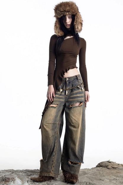 Openwork Rivet Ruffled Knit Top