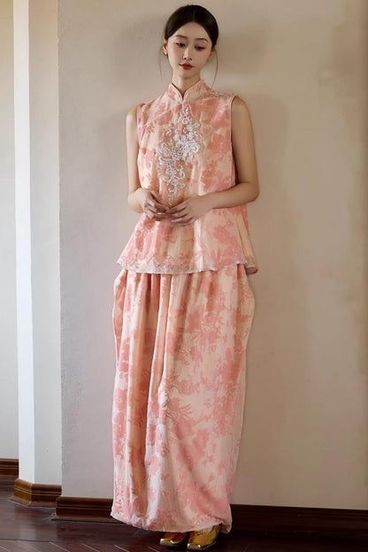 Embroidered Pink Cheongsam Skirt Set-Up