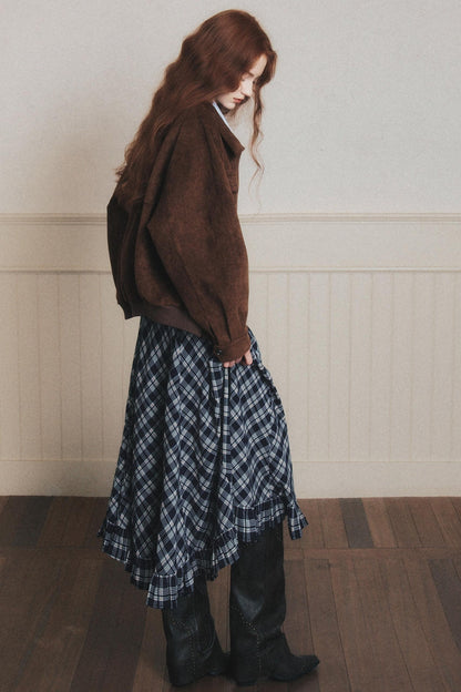 Navy Blue Check A-Line Swing Skirt