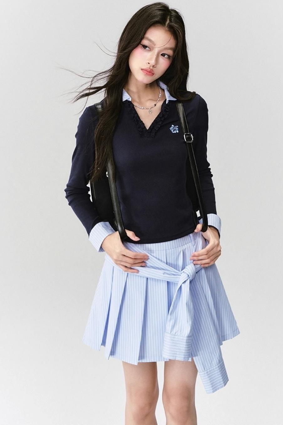 Love Letter Striped Pleated Skirt Set-Up