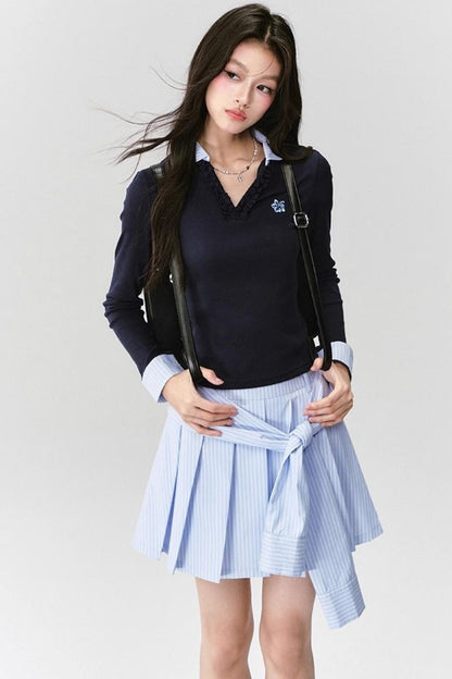 Love Letter Striped Pleated Skirt Set-Up