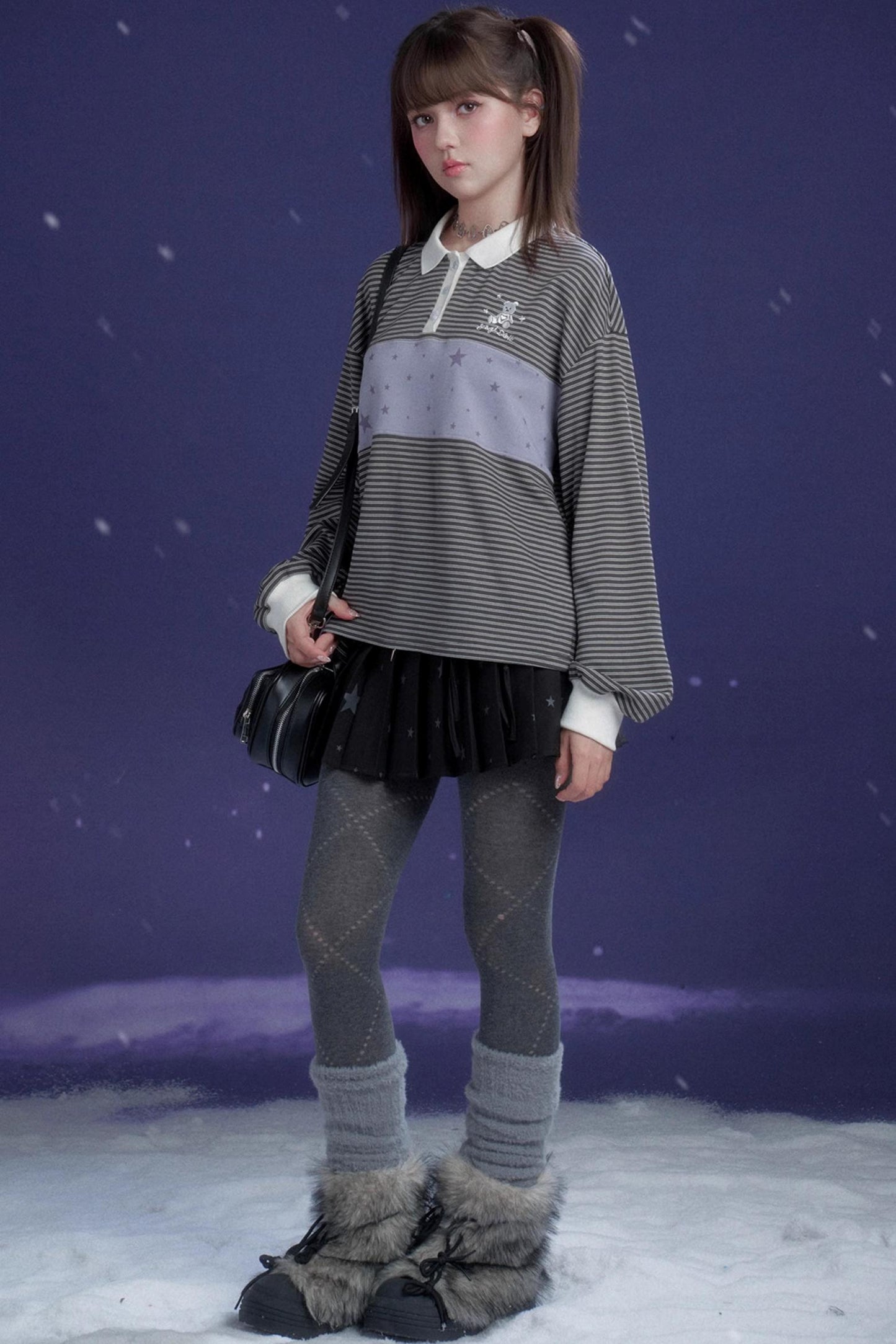 Gray-Purple Striped Polo Top