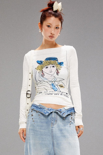 Retro Art Face Print Knit Top