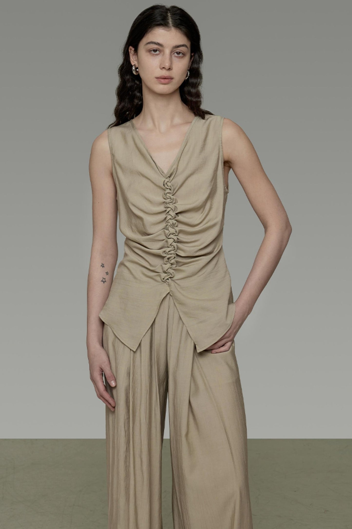 Khaki V-Neck Sleeveless Top