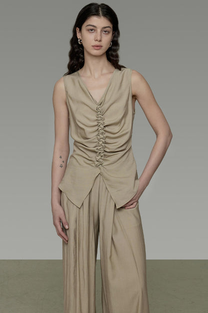 Khaki V-Neck Sleeveless Top