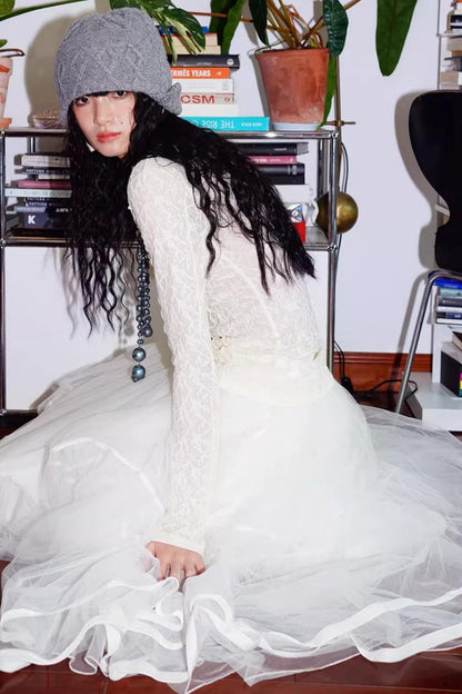 Autumn Mesh Puffy Long Skirt