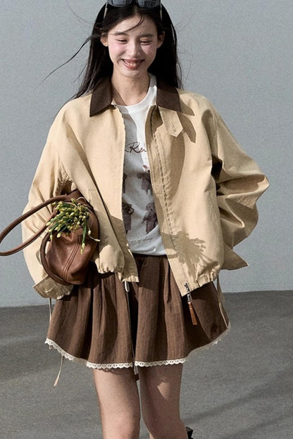 Vintage Contrast Cotton Linen Casual Short Jacket