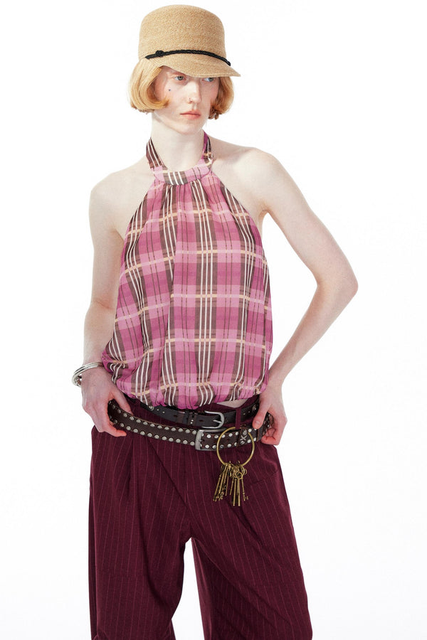Plaid Chiffon Neck Top