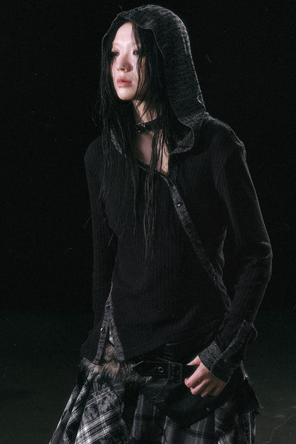 Black and Gray Knitted Hooded Slim Top