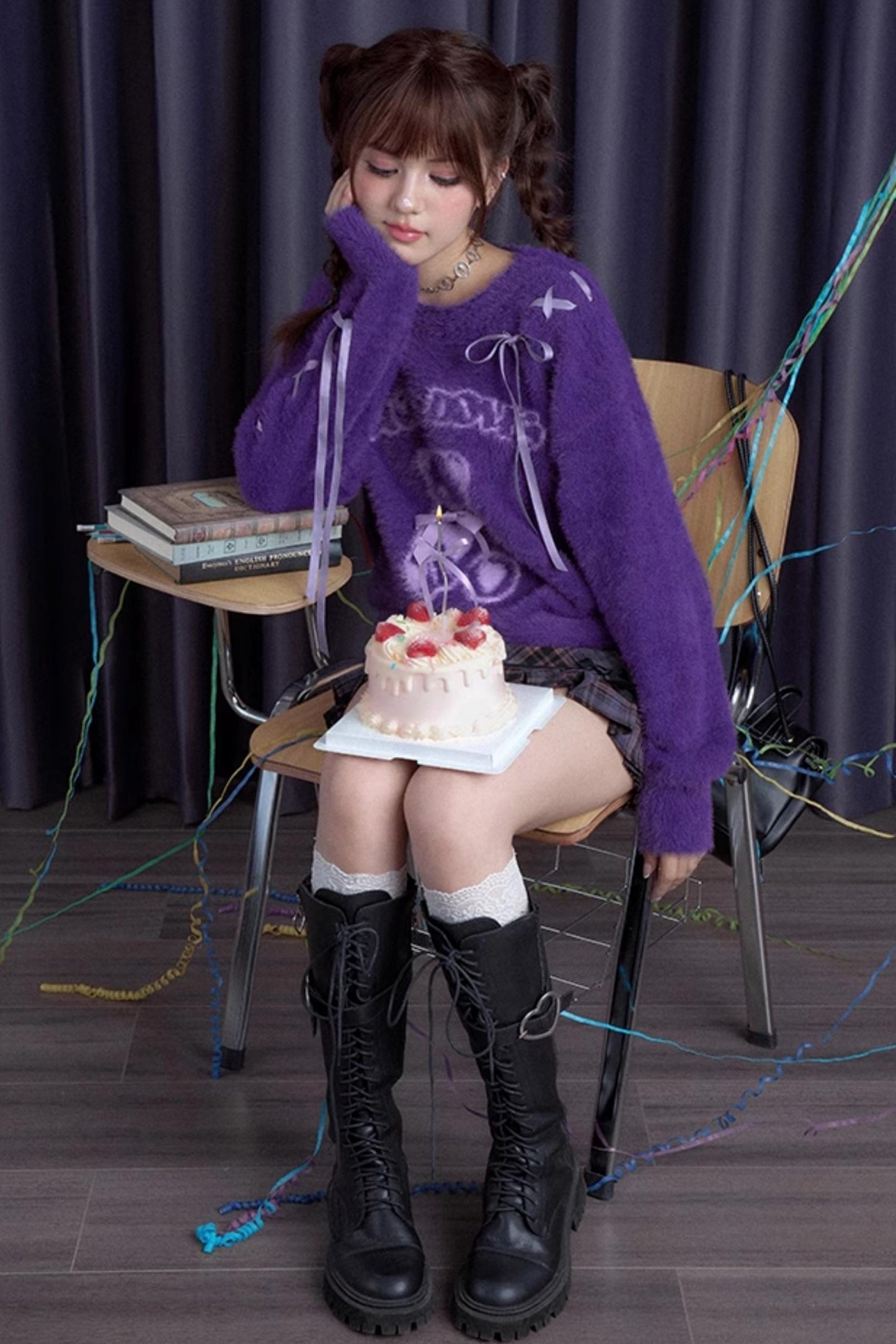 Purple Plush Bear Ribbon Sweater