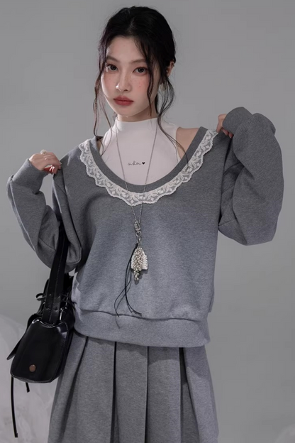 Chenwu Gray Pleated Skirt Sweatshirt Set