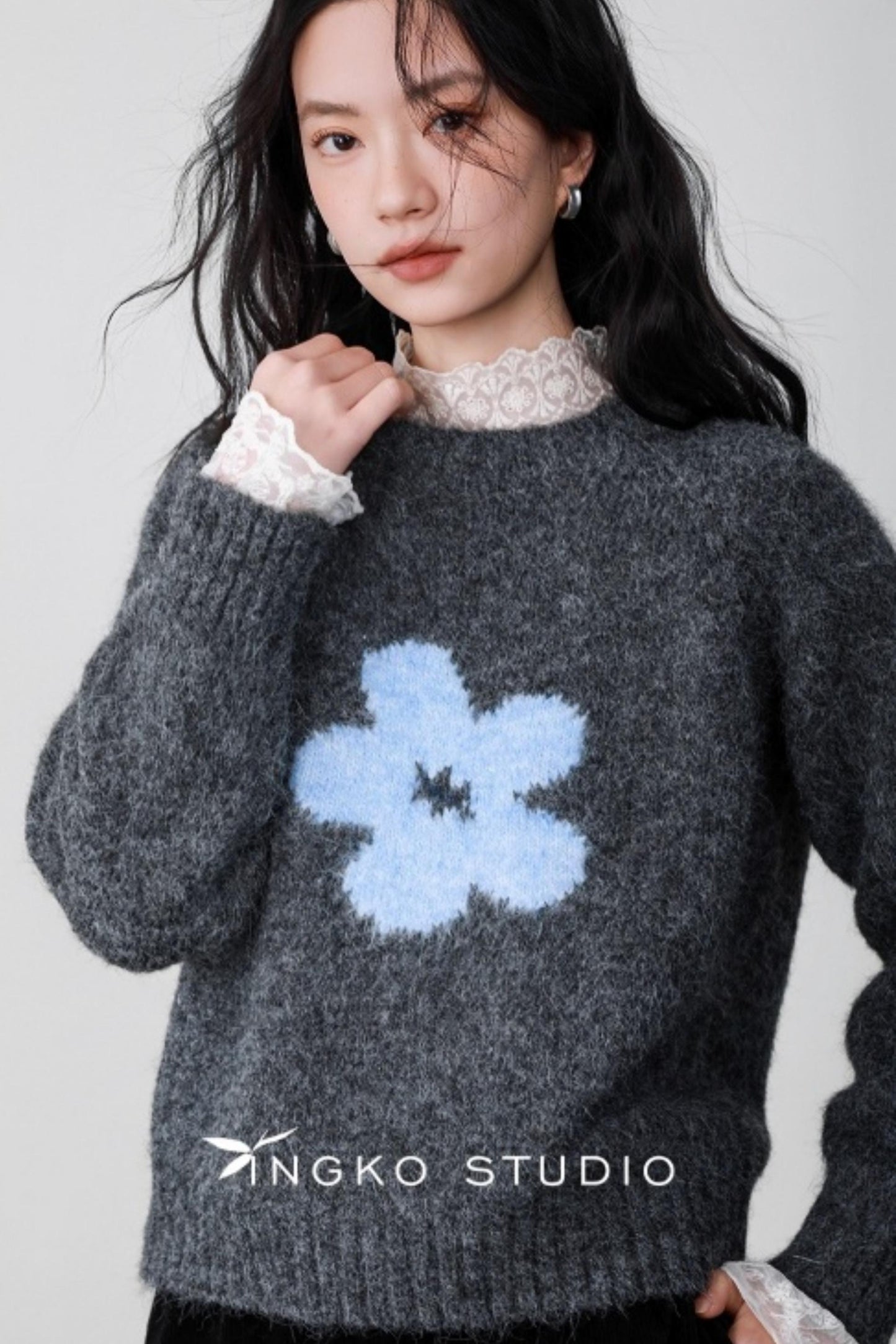 Fog Gray Floral Sweater