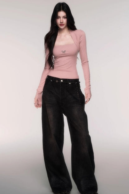 Fake Two Sleeve Slim Knit Top