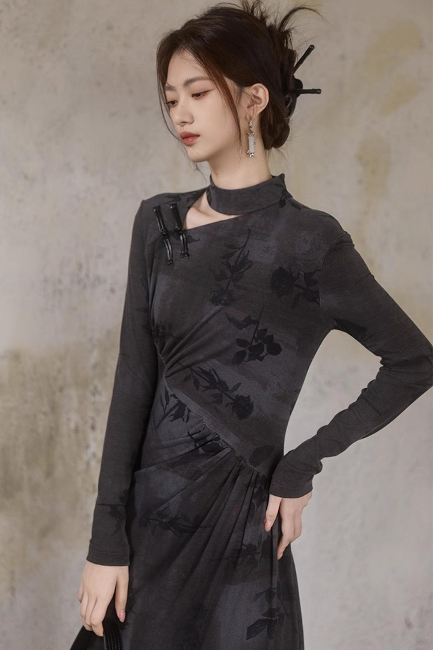 Slim Fit Inkstone Gray Cheongsam Dress