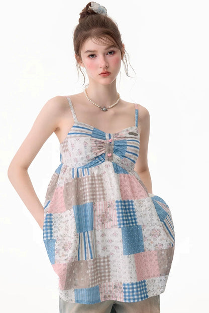 Contrasting Floral Plaid Tank Top