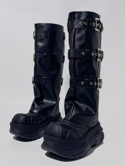 Punk Style Triple Belt Platform Long Boots