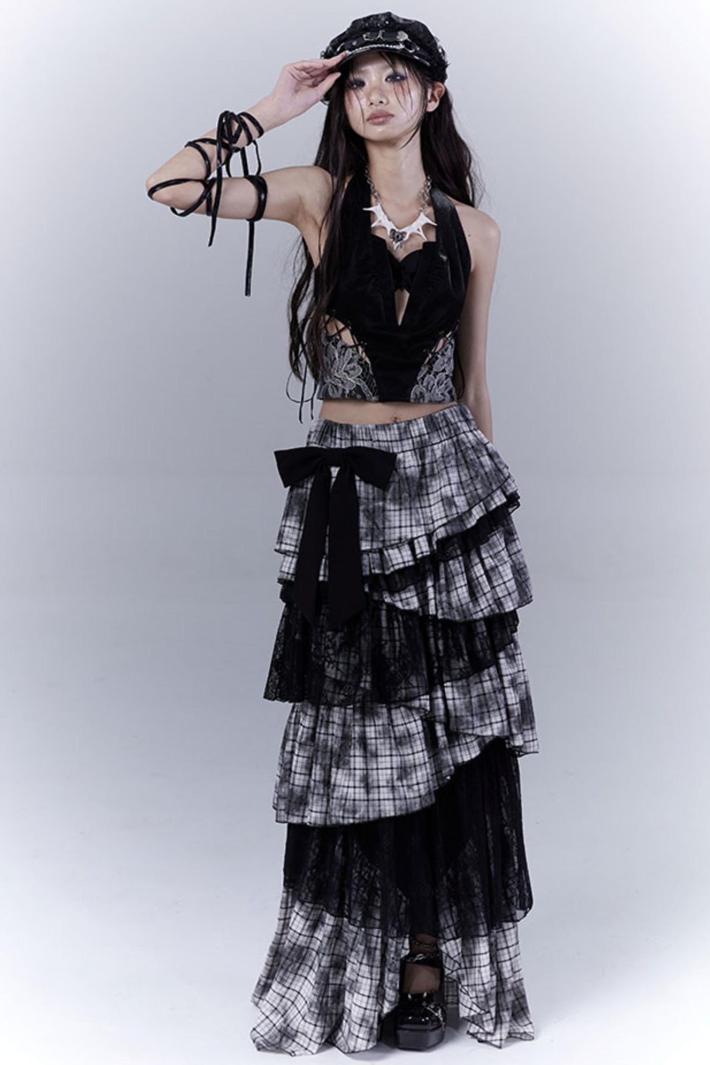 Wilderness Lace-Trimmed Plaid Bustier Skirt