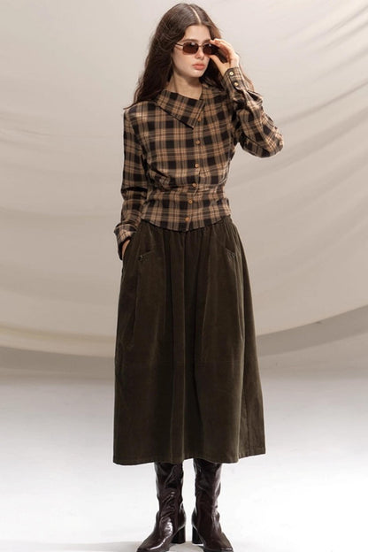 Retro Olive Pleated Skirt