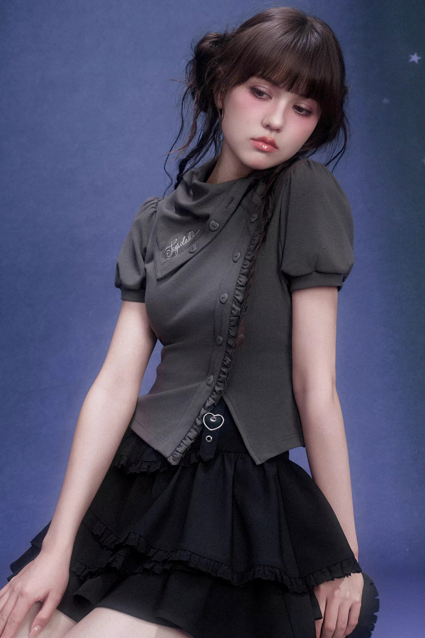 Gray Diagonal Placket Blouse