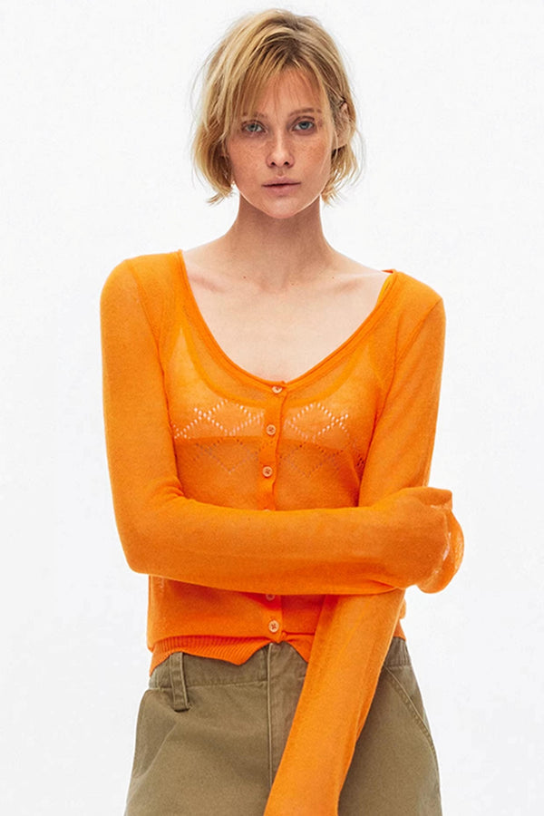Vibrant orange lightweight hollow-out knit cardigan for stylish layering