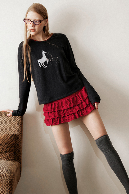 Gray Color-Blocked Lace Top