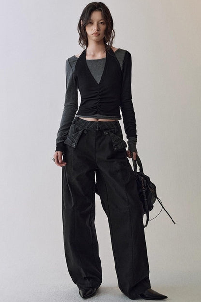 Striped Stitching Two-Piece Halterneck T-shirt