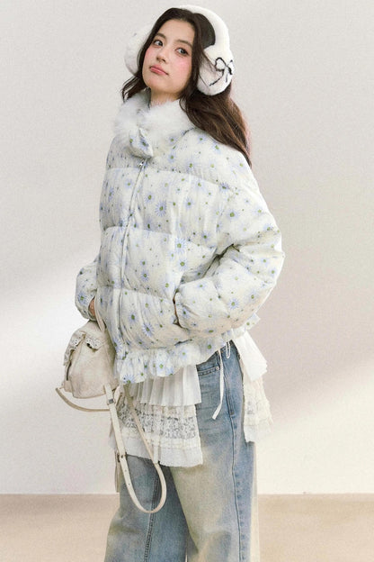 Fur Collar Daisy Print Jacket