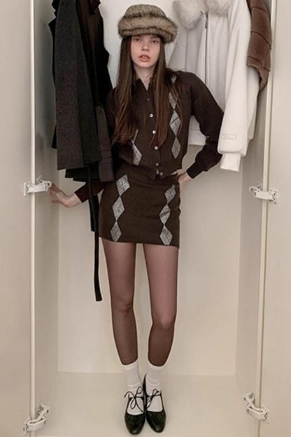 Brown Diamond Wool Cardigan Set-Up