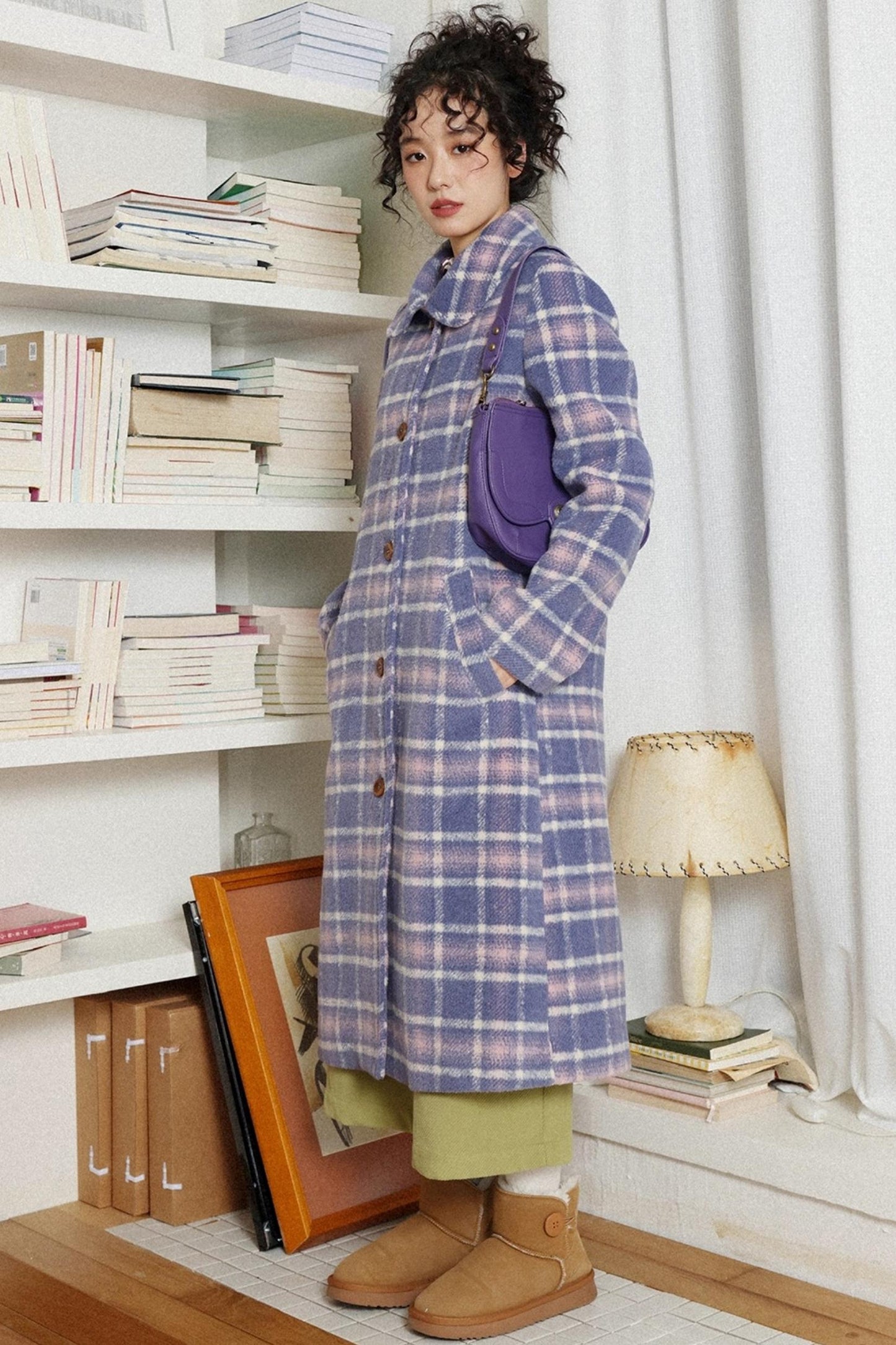 Autumn Plaid Purple Woolen Coat
