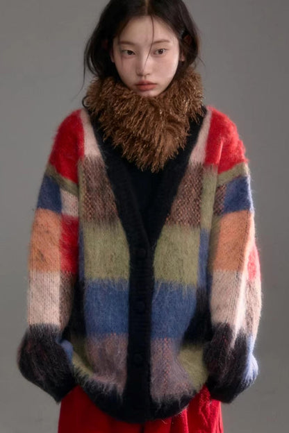 Color-Block-Strickjacke aus Wolle mit Karomuster