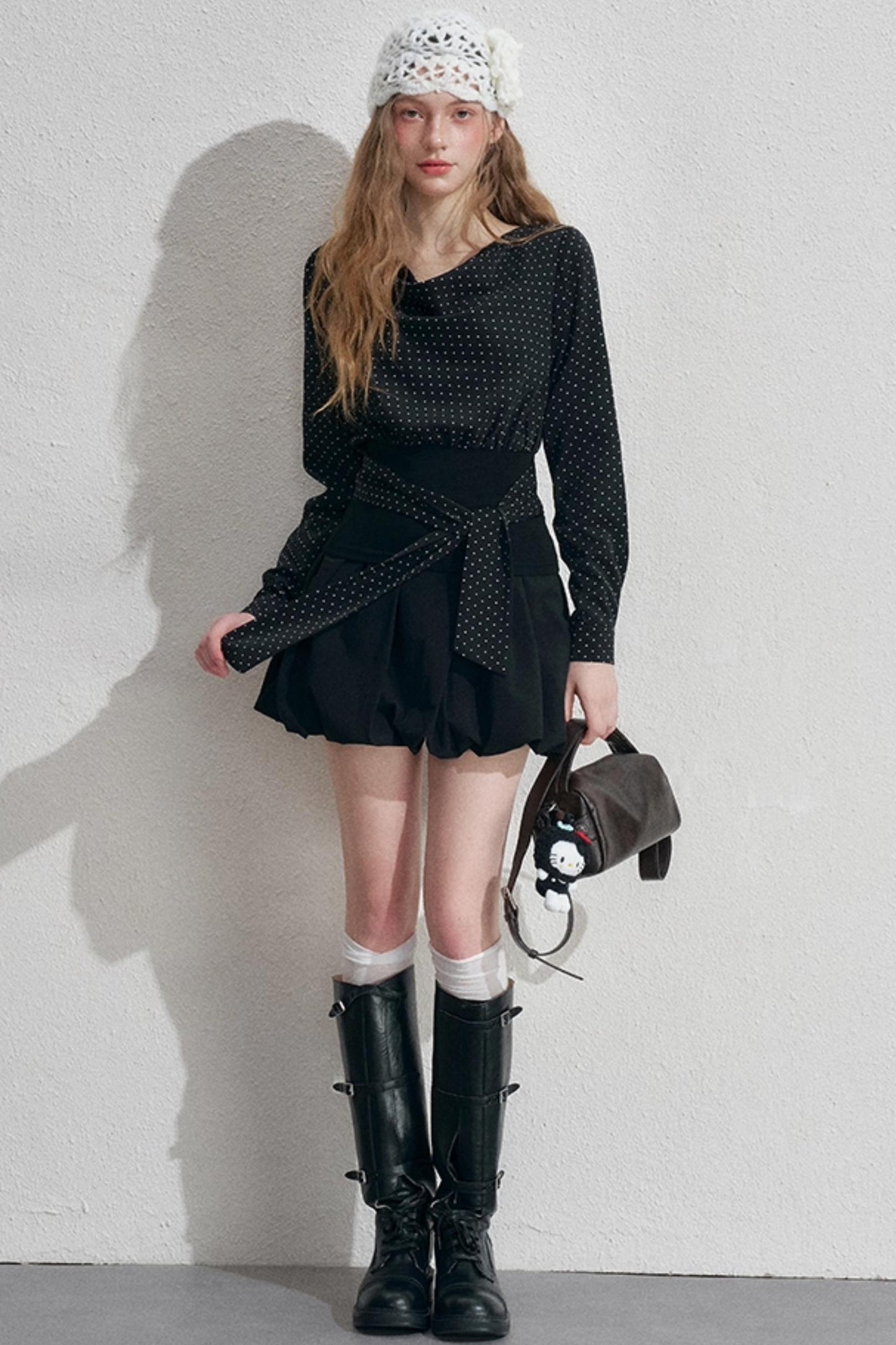 Polka Dot Swing Collar Black Shirt