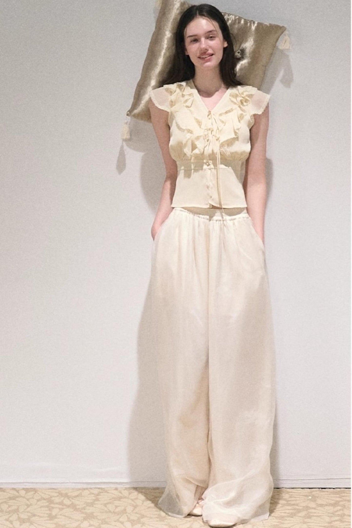 Apricot Satin Double-Layer Pants