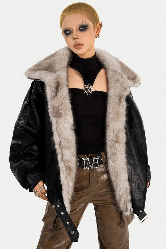 Thickened Pu Leather Fur Collar Jacket