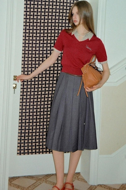 Embroidered Striped Collar Fake Two Piece T-Shirt