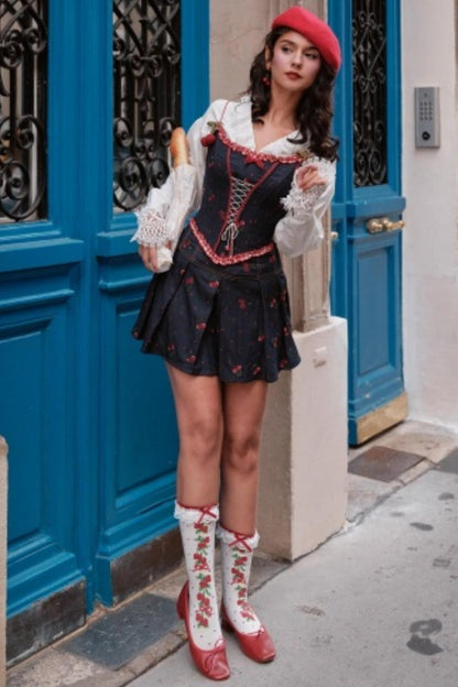 Cherry Embroidery Denim Skirt Set-Up