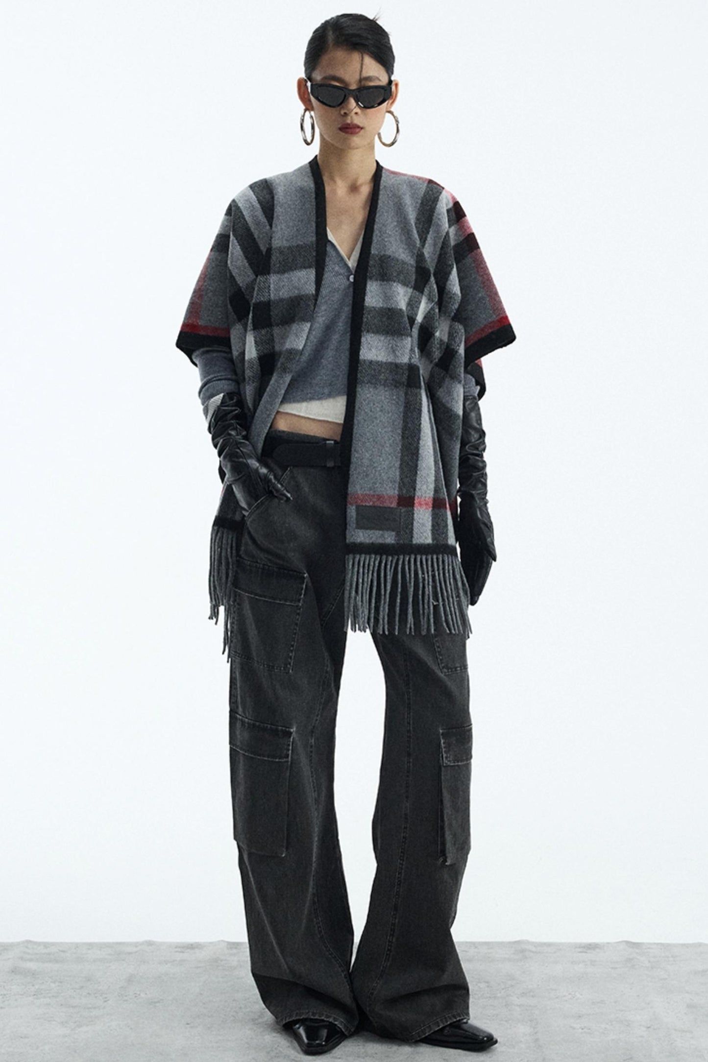 Wool Blend Plaid Cape Cardigan