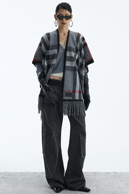 Wool Blend Plaid Cape Cardigan