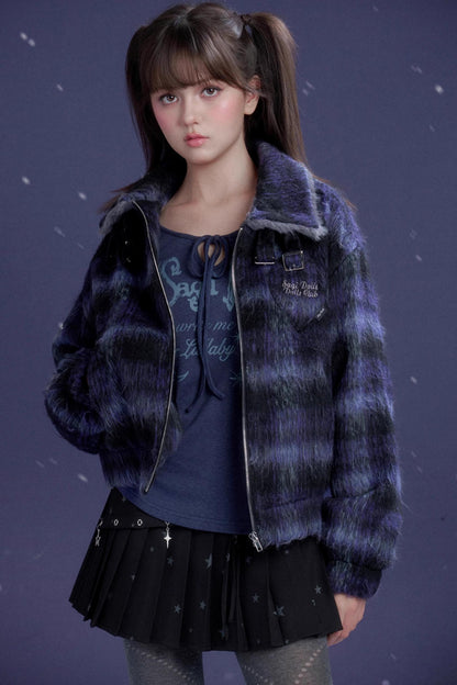 High-Neck Plaid Woolen Coat