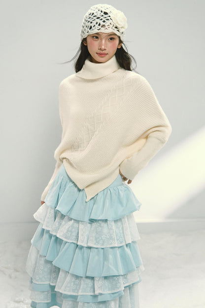 Mint Blue Lace Patchwork Puffy Skirt