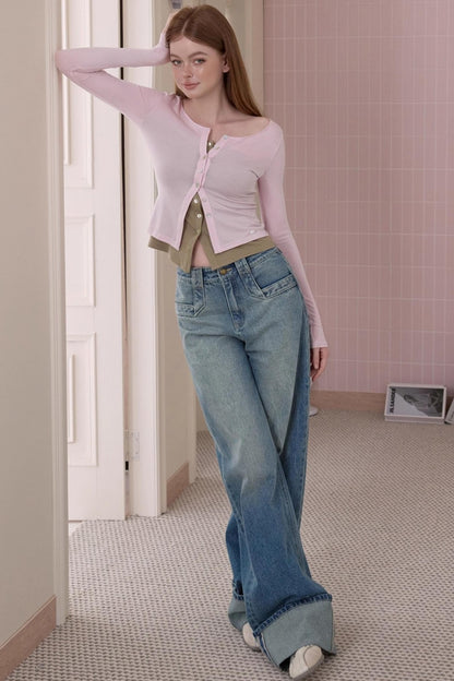Retro Fashionable Sweet Cuffed Wide-leg Jeans