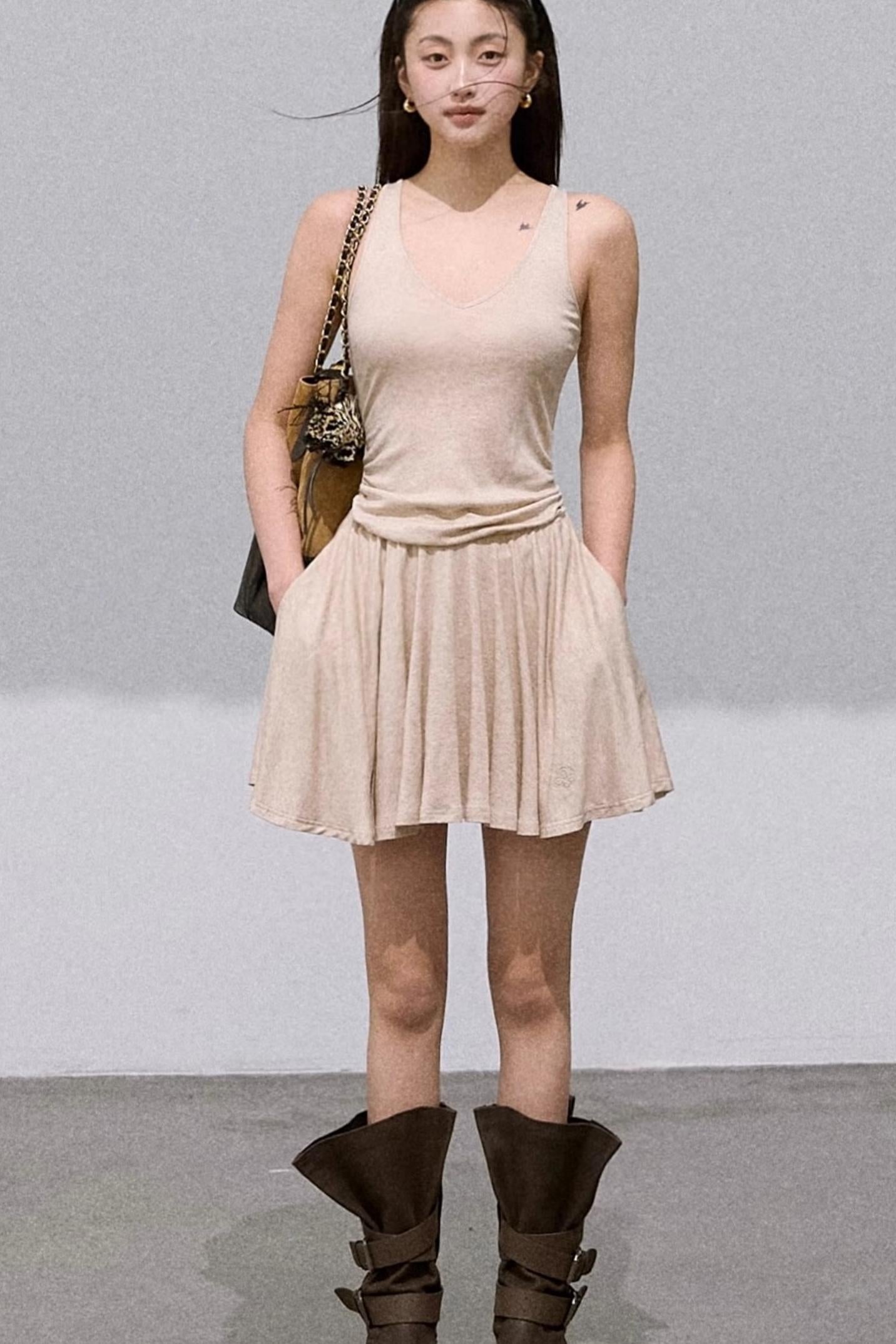 Tencel Wool Knit V-Neck Cardigan Dress Set-Up