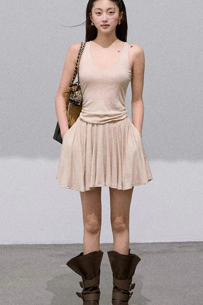 Tencel Wool Knit V-Neck Cardigan Dress Set-Up