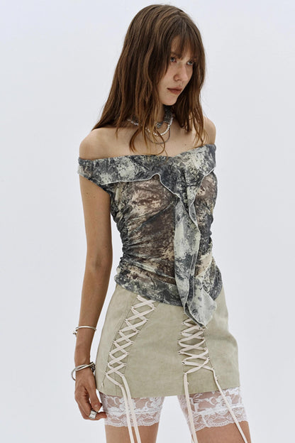 Splash Print Off-Shoulder Casual Top