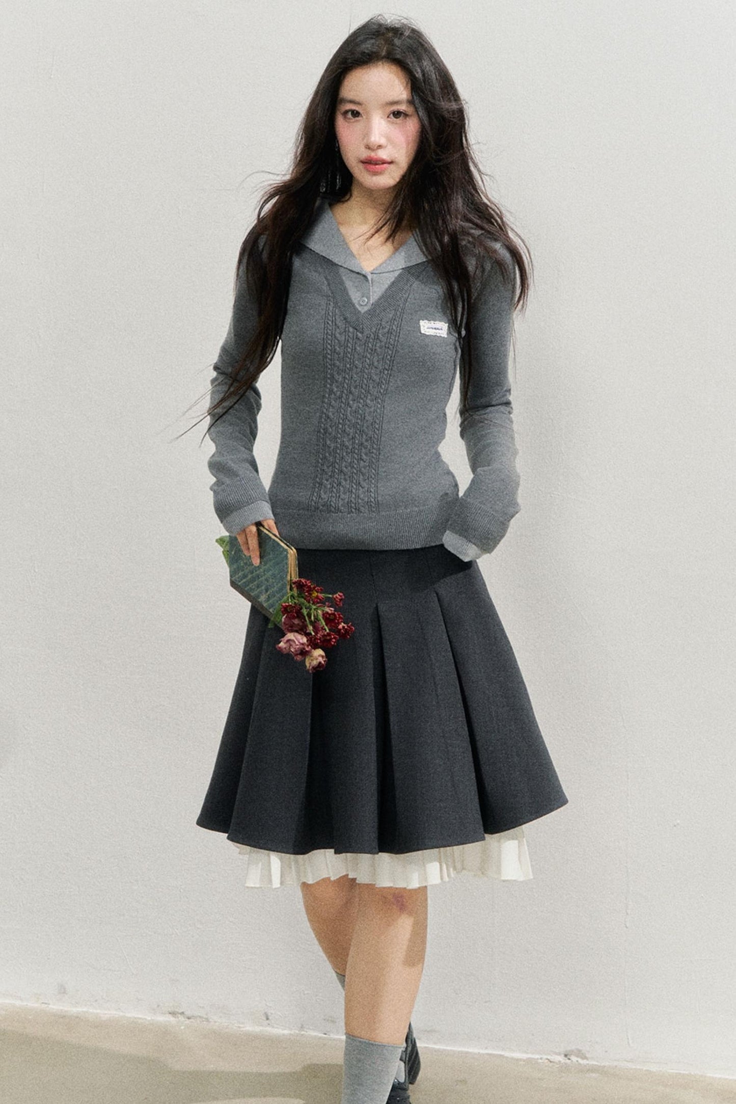 대학 스타일 니트 레이어드 탑