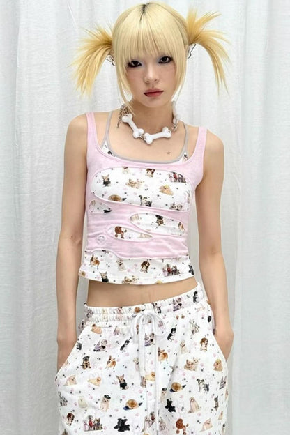 Dog Print Fake Two Piece Camisole