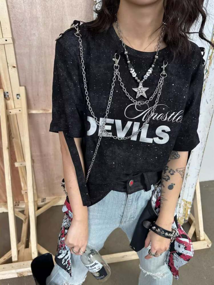 Punk Metal Chain Logo Print Tee