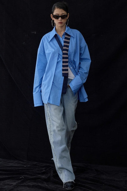 Blue Pointed Long-Sleeved Shirt