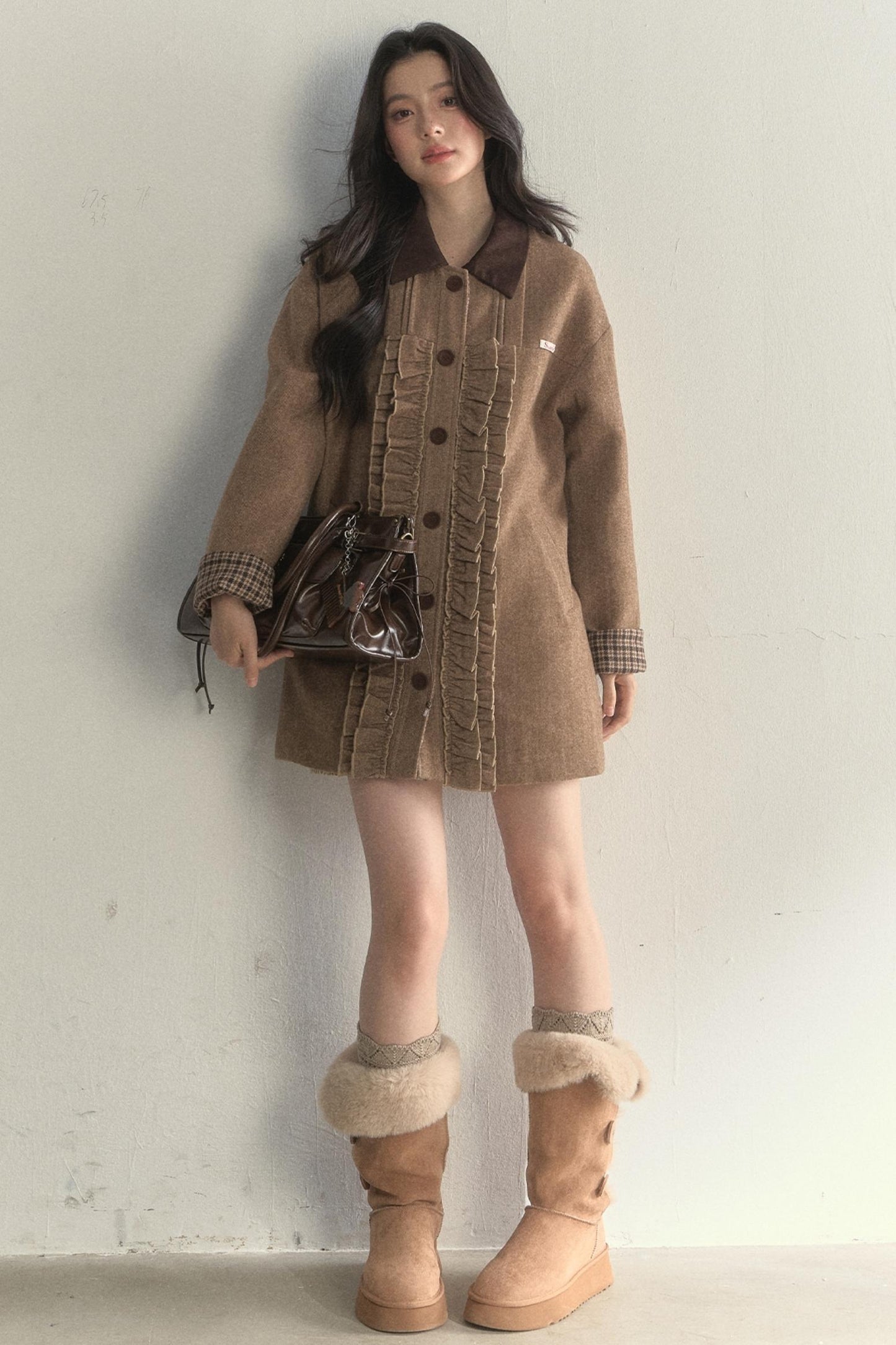 Vintage Khaki Houndstooth Wool Coat