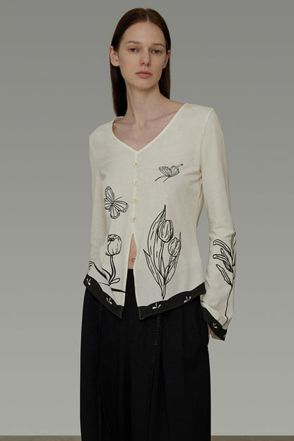 New Artistic Print V-Neck Knitwear