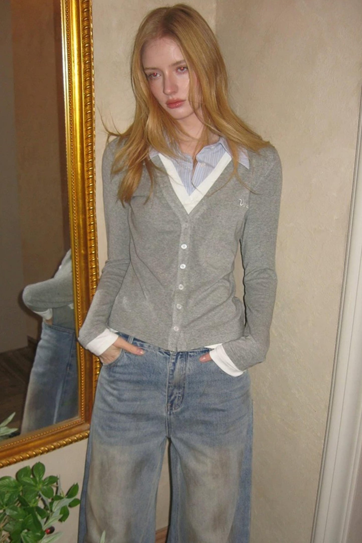 Gray Embroidered Knit Blouse
